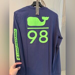 Vineyard Vines Blue LS Shirt with Bright Green Whale Large